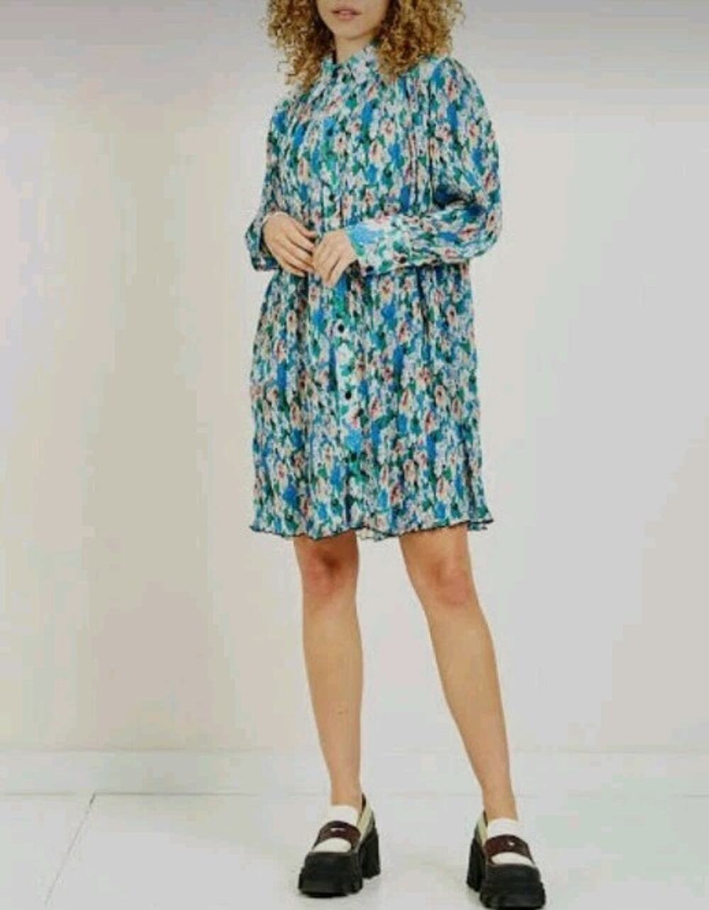 Ganni Pleated Georgette Wide Mini Shirt Dress EU 44 US XL/14 Floral Azure Blue